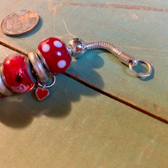 Hearts - Enameled Red Heart Drop Charm Bracelet -  Red Bead Bracelet - Picture 5 of 7
